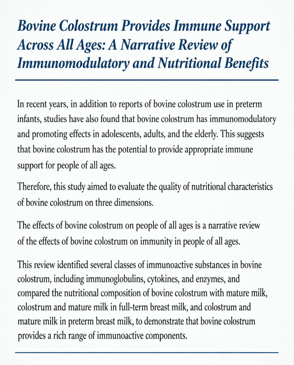Summary of a 2024 narrative review on bovine colostrum and immune support across all ages.
